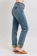 Judy Blue Full Size Mid Rise Vintage Wash Double Roll Cuff Boyfriend Jeans Plus Size