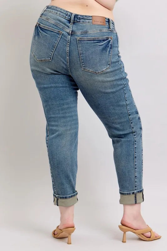 Judy Blue Full Size Mid Rise Vintage Wash Double Roll Cuff Boyfriend Jeans Plus Size