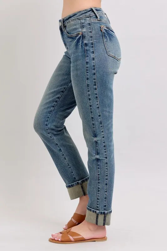 Judy Blue Full Size Mid Rise Vintage Wash Double Roll Cuff Boyfriend Jeans Plus Size
