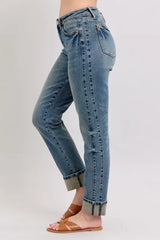Judy Blue Full Size Mid Rise Vintage Wash Double Roll Cuff Boyfriend Jeans Plus Size