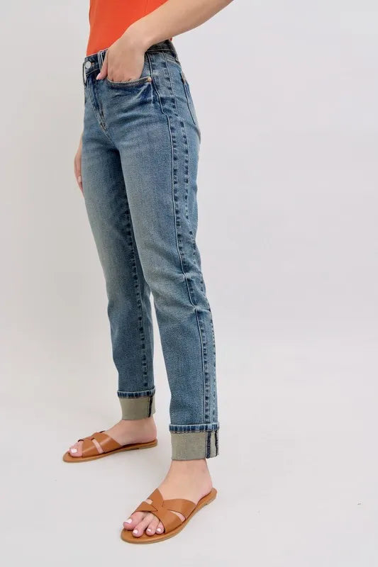 Judy Blue Full Size Mid Rise Vintage Wash Double Roll Cuff Boyfriend Jeans Plus Size