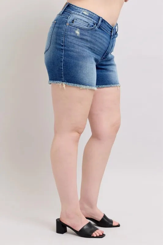 Judy Blue Full Size V-Front Denim Shorts with Shield Pockets Plus Size