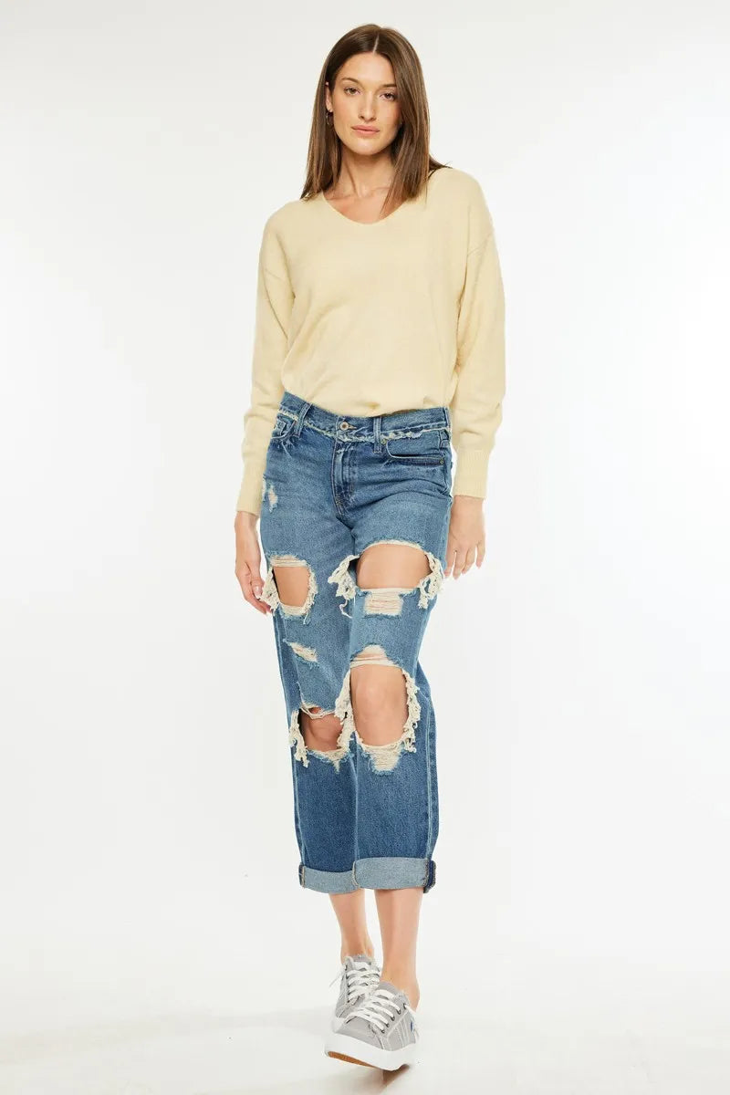 Kancan Distressed Mid Rise True Boyfriend Jeans