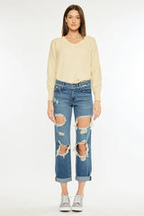 Kancan Distressed Mid Rise True Boyfriend Jeans