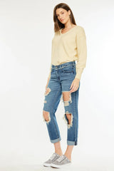 Kancan Distressed Mid Rise True Boyfriend Jeans