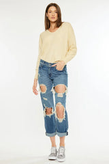 Kancan Distressed Mid Rise True Boyfriend Jeans