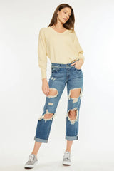 Kancan Distressed Mid Rise True Boyfriend Jeans MEDIUM / 0/23