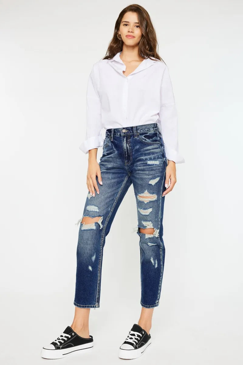 Kancan High Rise Distressed Mom Fit Jeans