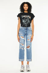 Kancan Mid Rise Distressed Boyfriend Fit Jeans