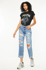Kancan Mid Rise Distressed Boyfriend Fit Jeans