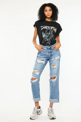 Kancan Mid Rise Distressed Boyfriend Fit Jeans MEDIUM / 0/23
