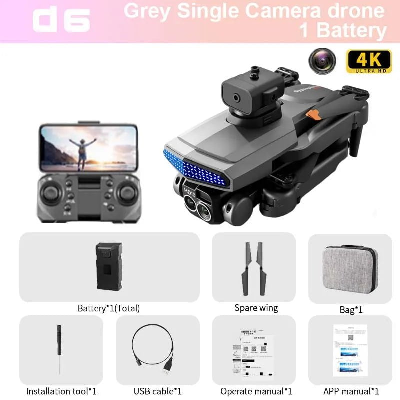 KBDFA D6 Mini 4K HD Camera Drone - Aerial Photography - Obstacle Avoidance - Foldable Quadcopter Black-Single C-1B