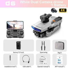 KBDFA D6 Mini 4K HD Camera Drone - Aerial Photography - Obstacle Avoidance - Foldable Quadcopter White-Dual C-OF-1B