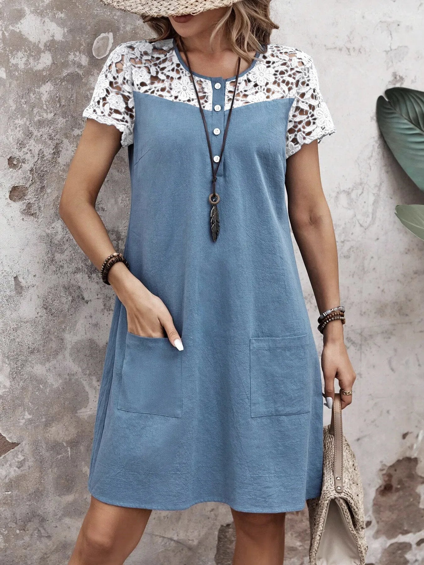 Lace Button Detail Round Neck Mini Dress Light Blue / S