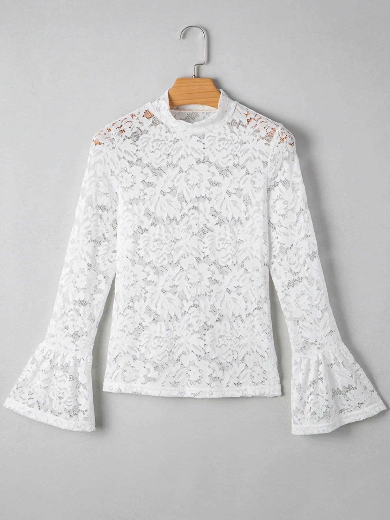 Lace Crochet Bell Sleeve Mock Neck Blouse