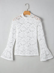 Lace Crochet Bell Sleeve Mock Neck Blouse