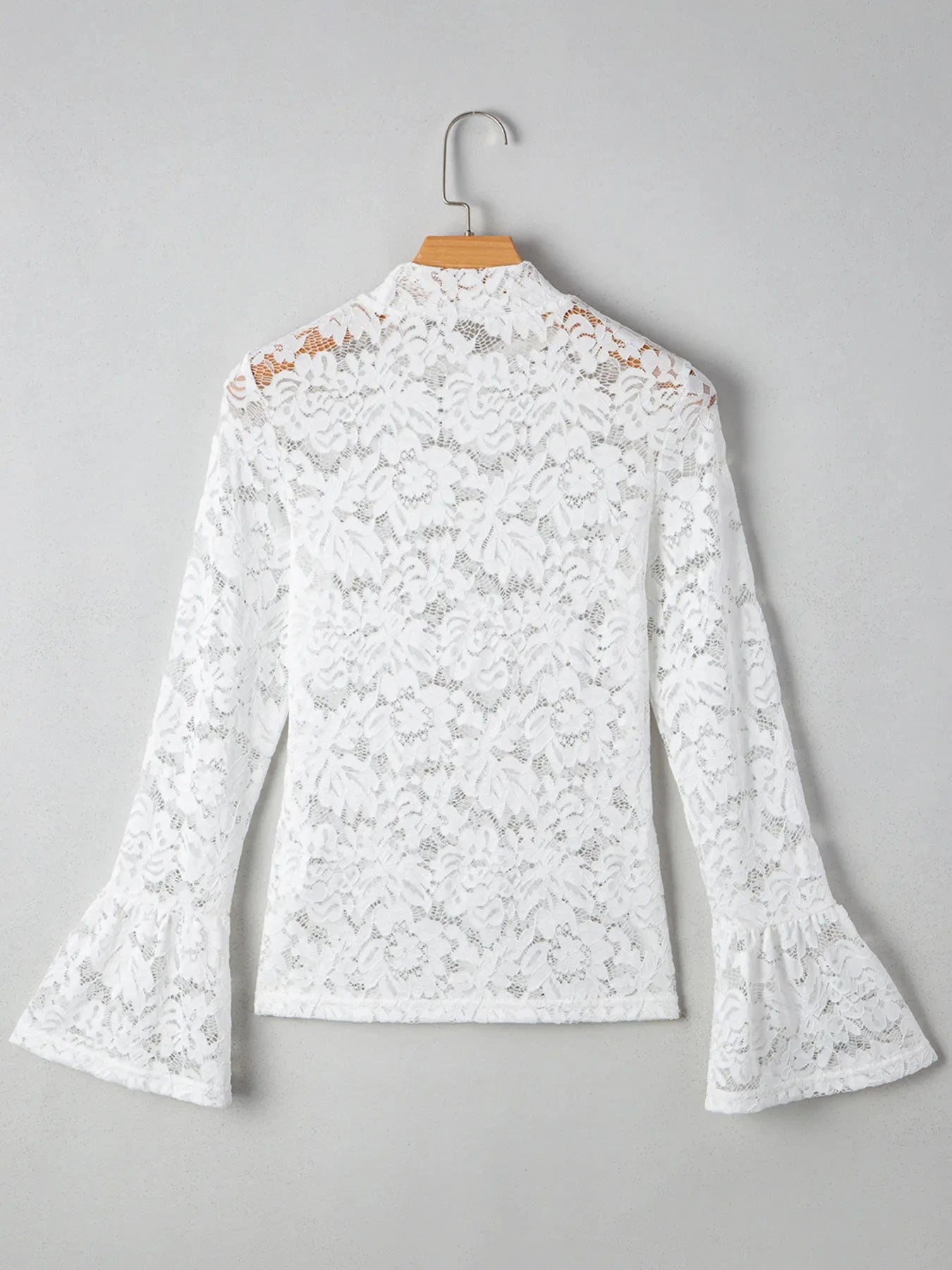 Lace Crochet Bell Sleeve Mock Neck Blouse