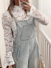 Lace Crochet Bell Sleeve Mock Neck Blouse White / S