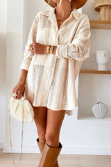 Lace Crochet Collared Neck Oversized Shirt Beige / S