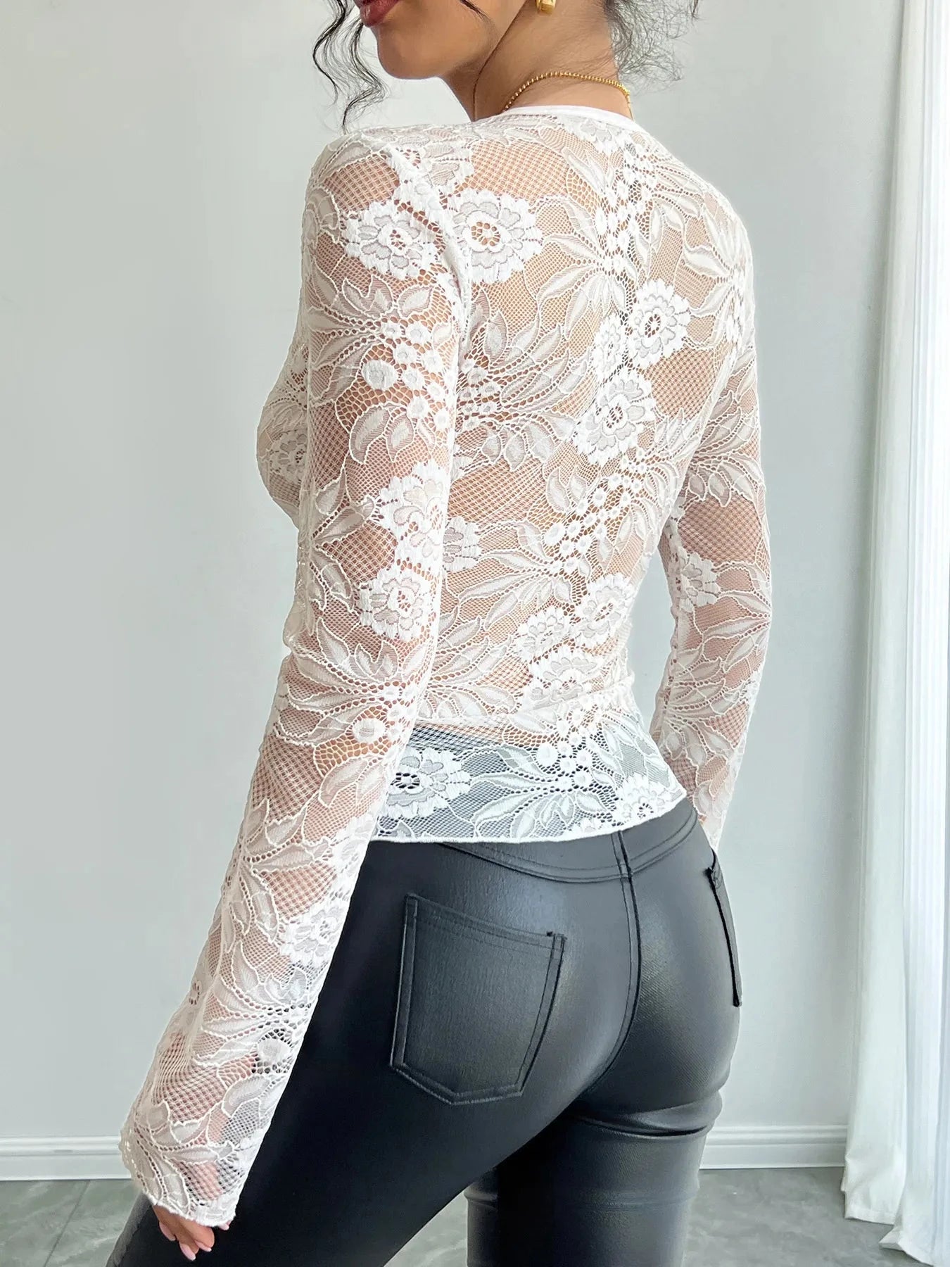 Lace Deep V-Neck Long Sleeve T-Shirt