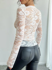 Lace Deep V-Neck Long Sleeve T-Shirt