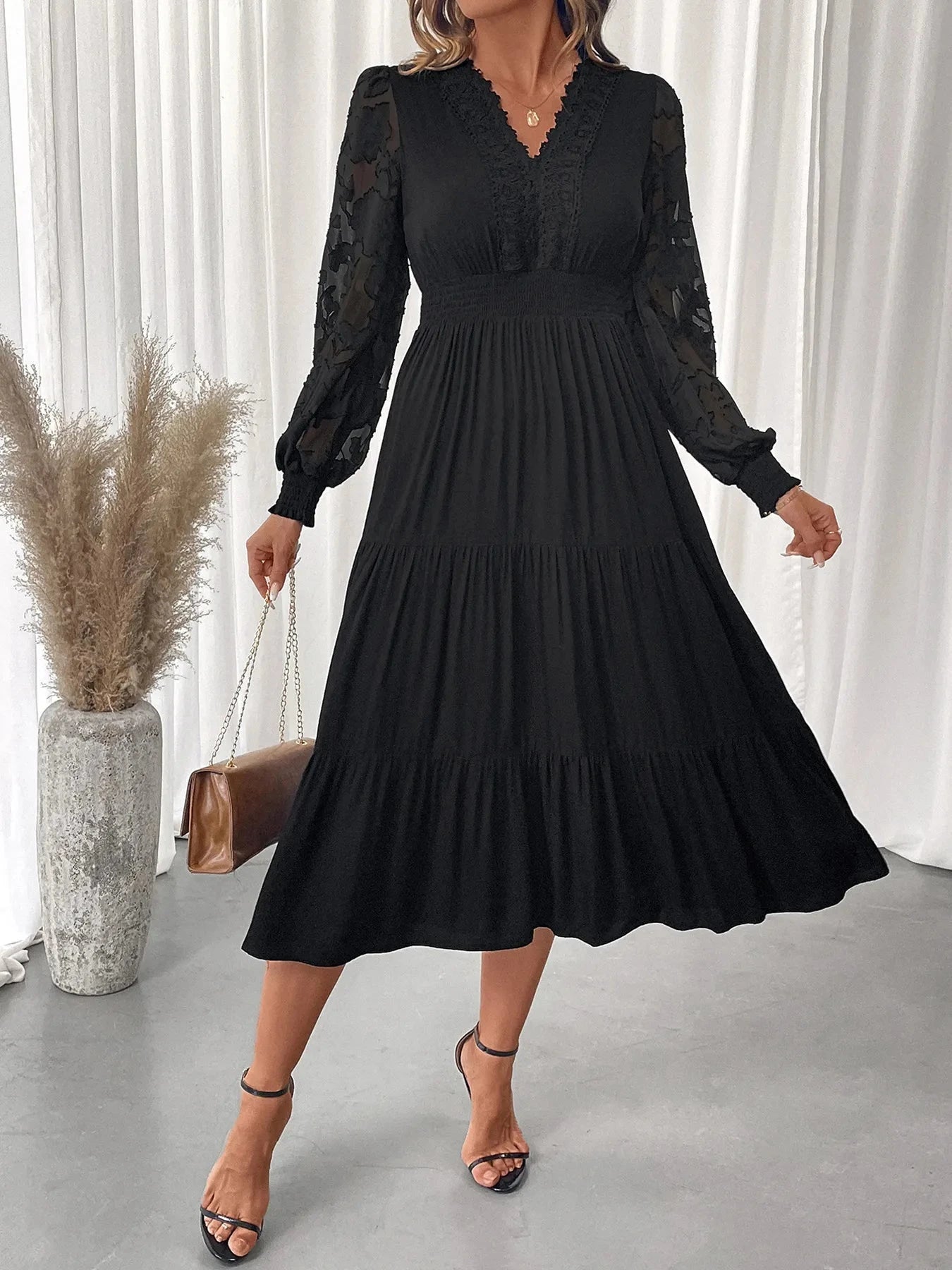 Lace Detail Lantern Sleeve Tiered Dress