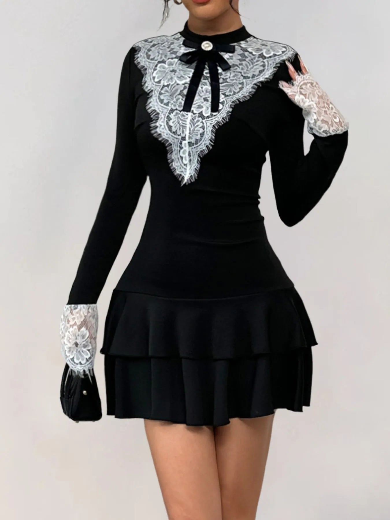 Lace Detail Long Sleeve Mini Dress