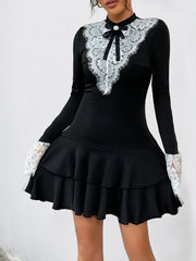 Lace Detail Long Sleeve Mini Dress Black / S