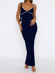 Lace Detail Slim Fit Bodycon Maxi Dress Navy / S
