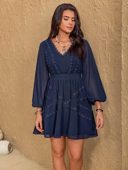 Lace Detail V-Neck Balloon Sleeve Mini Dress