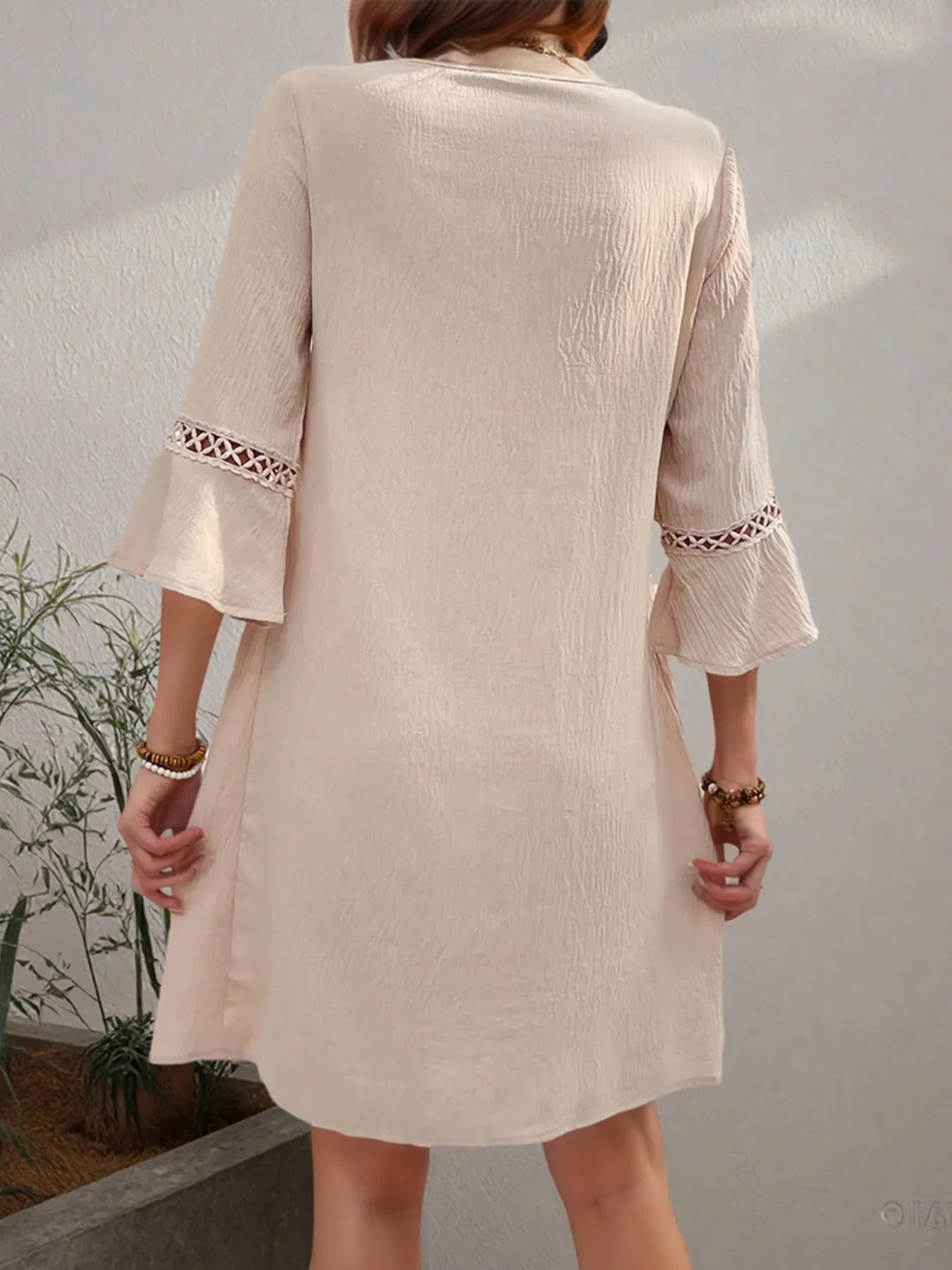 Lace Detail V-Neck Bell Sleeve Dress