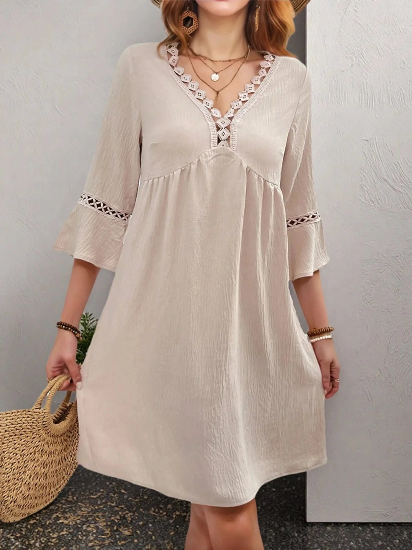 Lace Detail V-Neck Bell Sleeve Dress