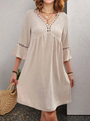 Lace Detail V-Neck Bell Sleeve Dress