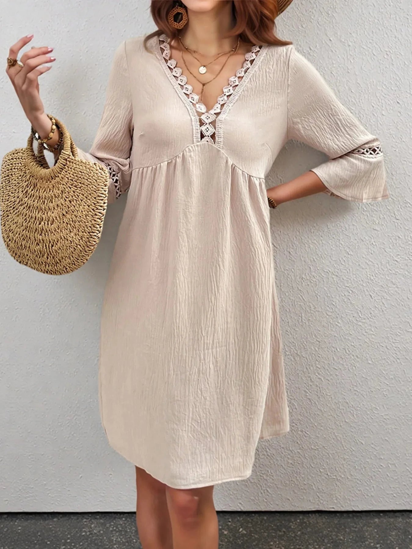 Lace Detail V-Neck Bell Sleeve Dress Apricot / S