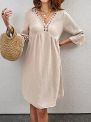 Lace Detail V-Neck Bell Sleeve Dress Apricot / S
