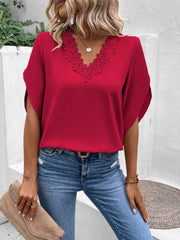 Lace Detail V-Neck Half Sleeve Blouse Deep Red / S