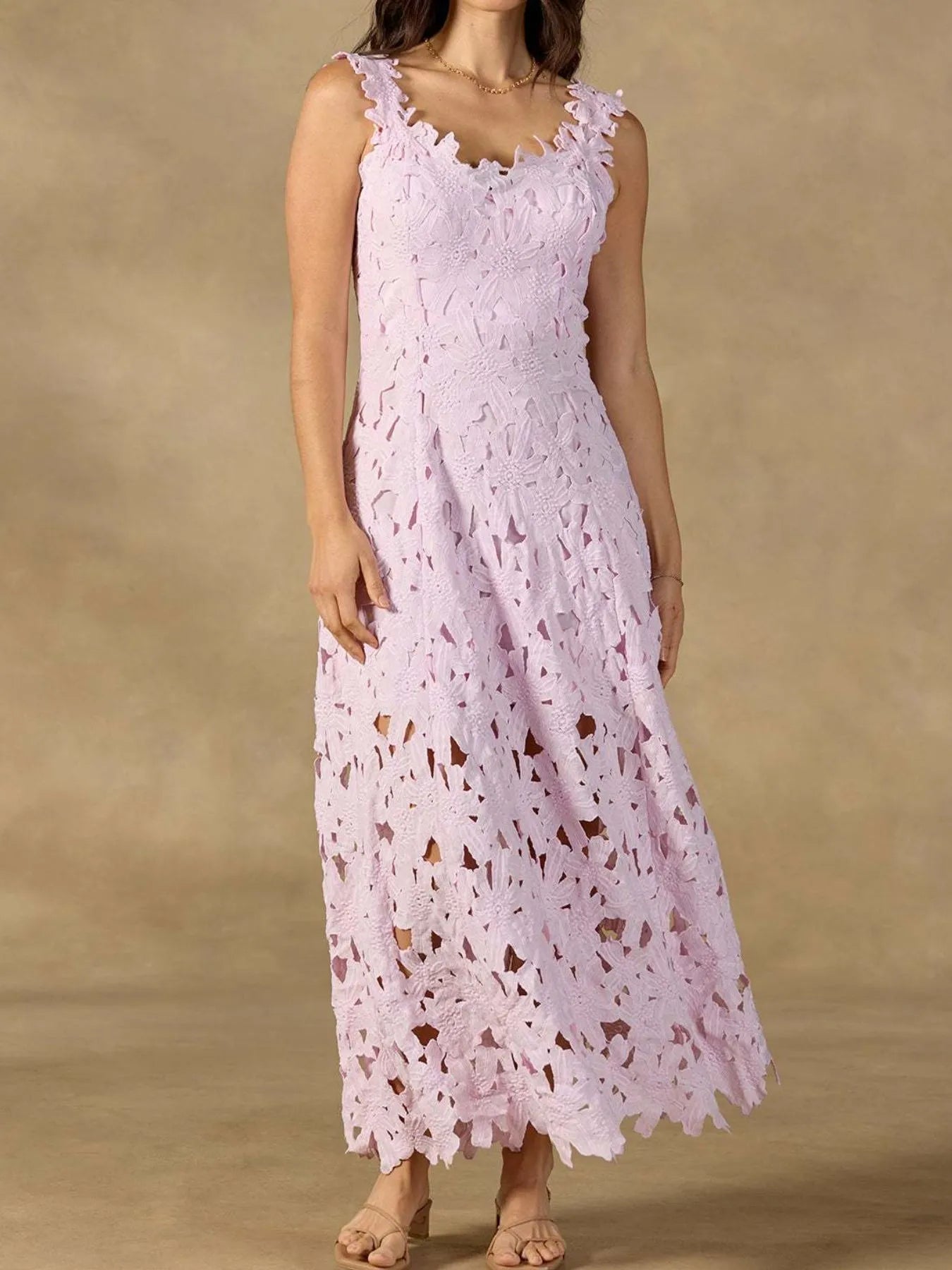 Lace Flower Round Neck Maxi Dress Pink / S