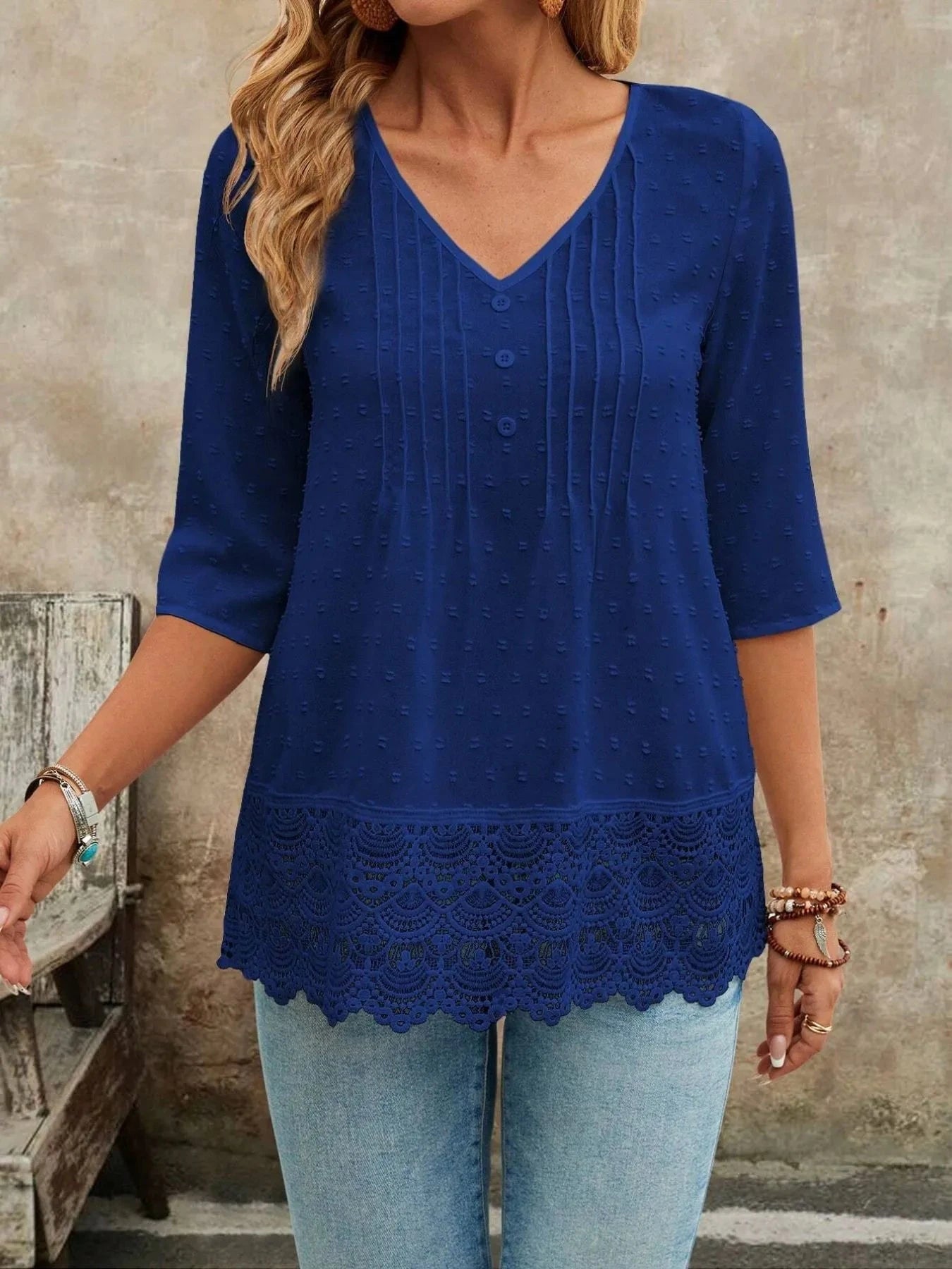 Lace Hem V-Neck Blouse