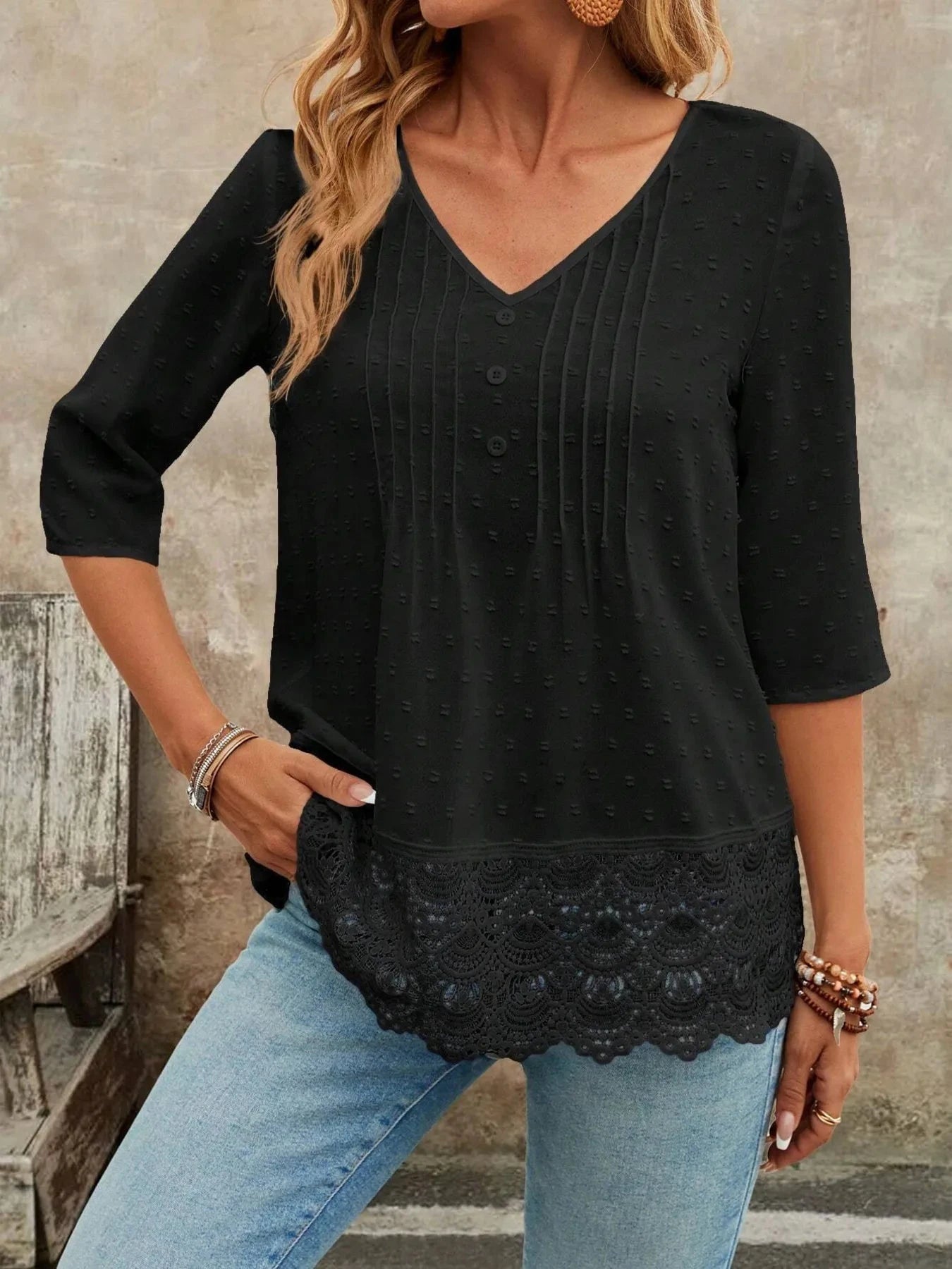 Lace Hem V-Neck Blouse