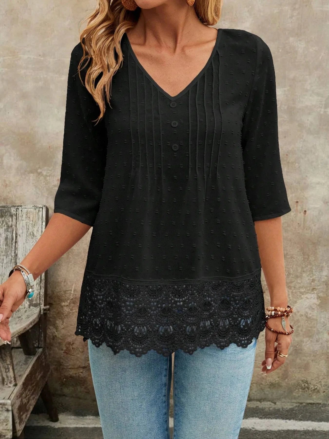 Lace Hem V-Neck Blouse