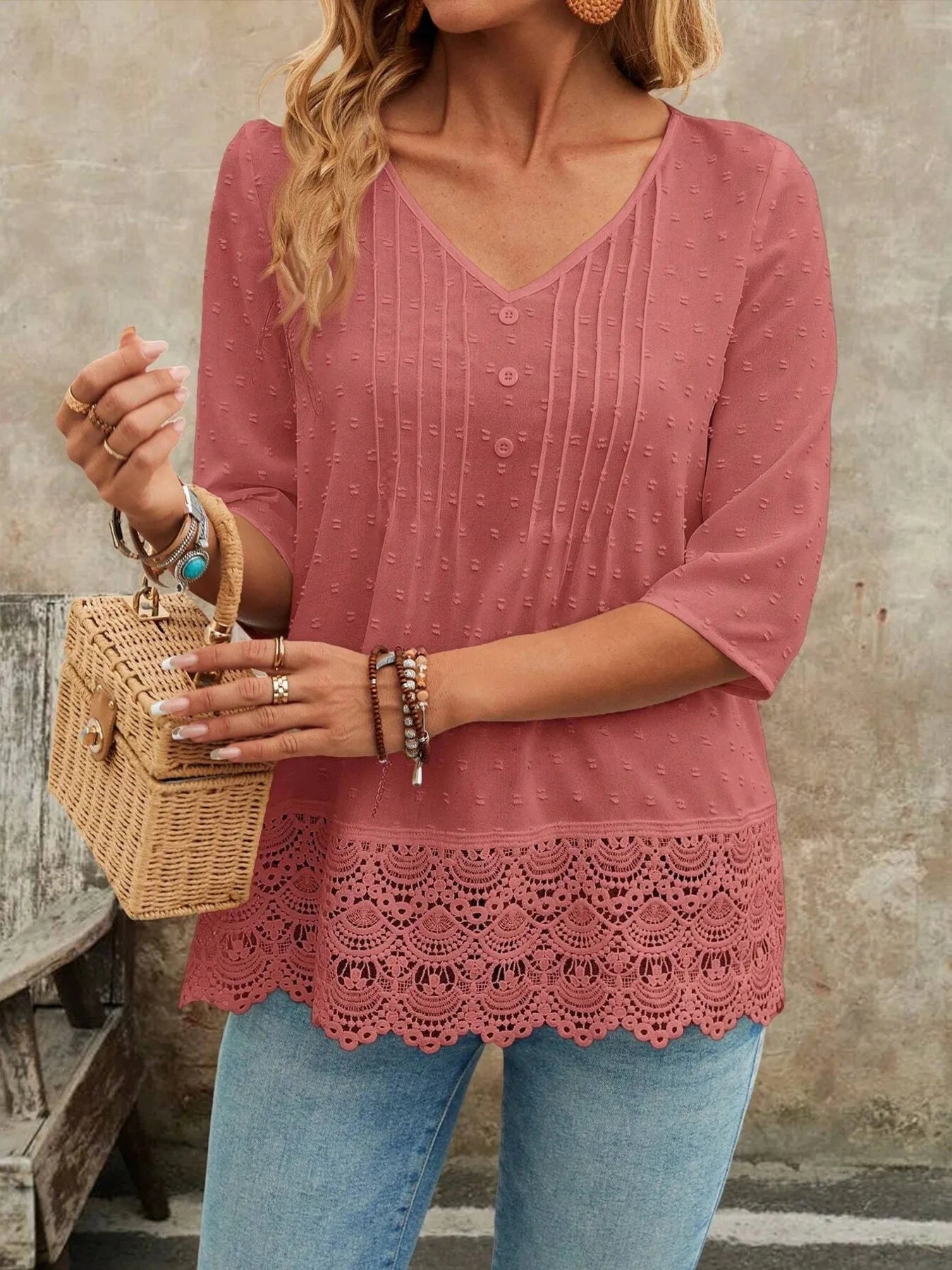 Lace Hem V-Neck Blouse