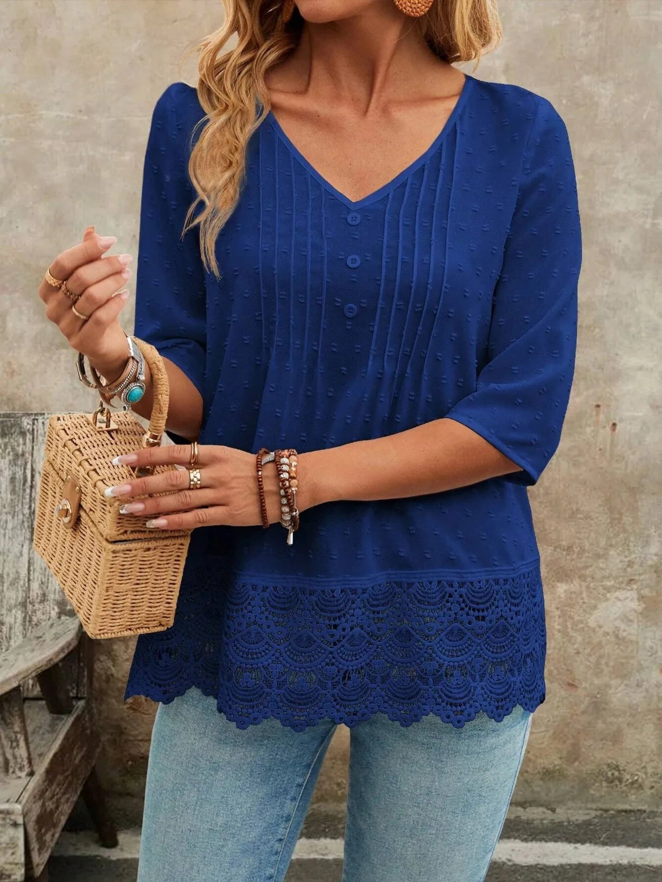 Lace Hem V-Neck Blouse