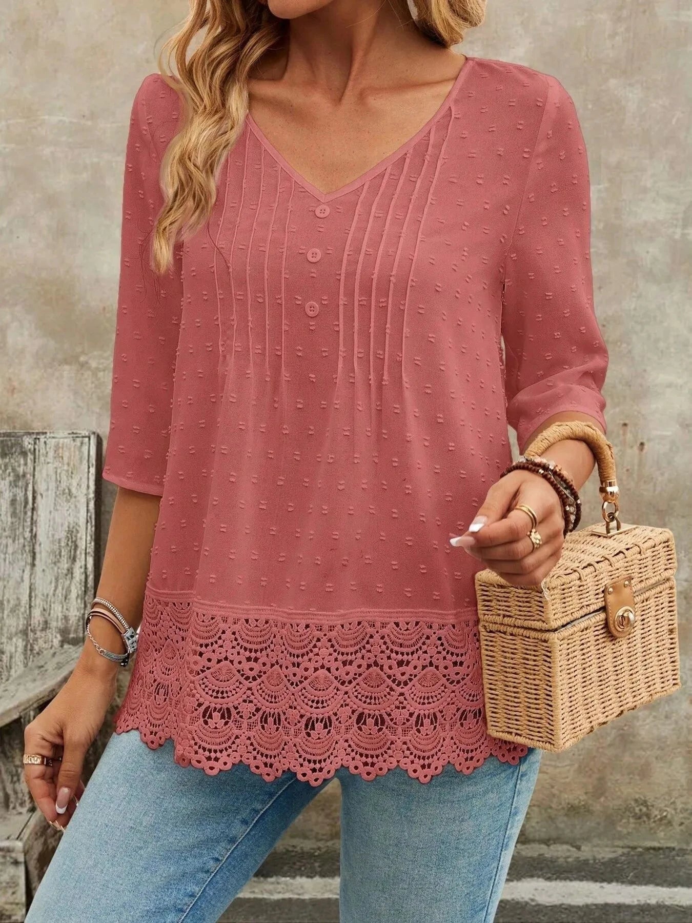Lace Hem V-Neck Blouse