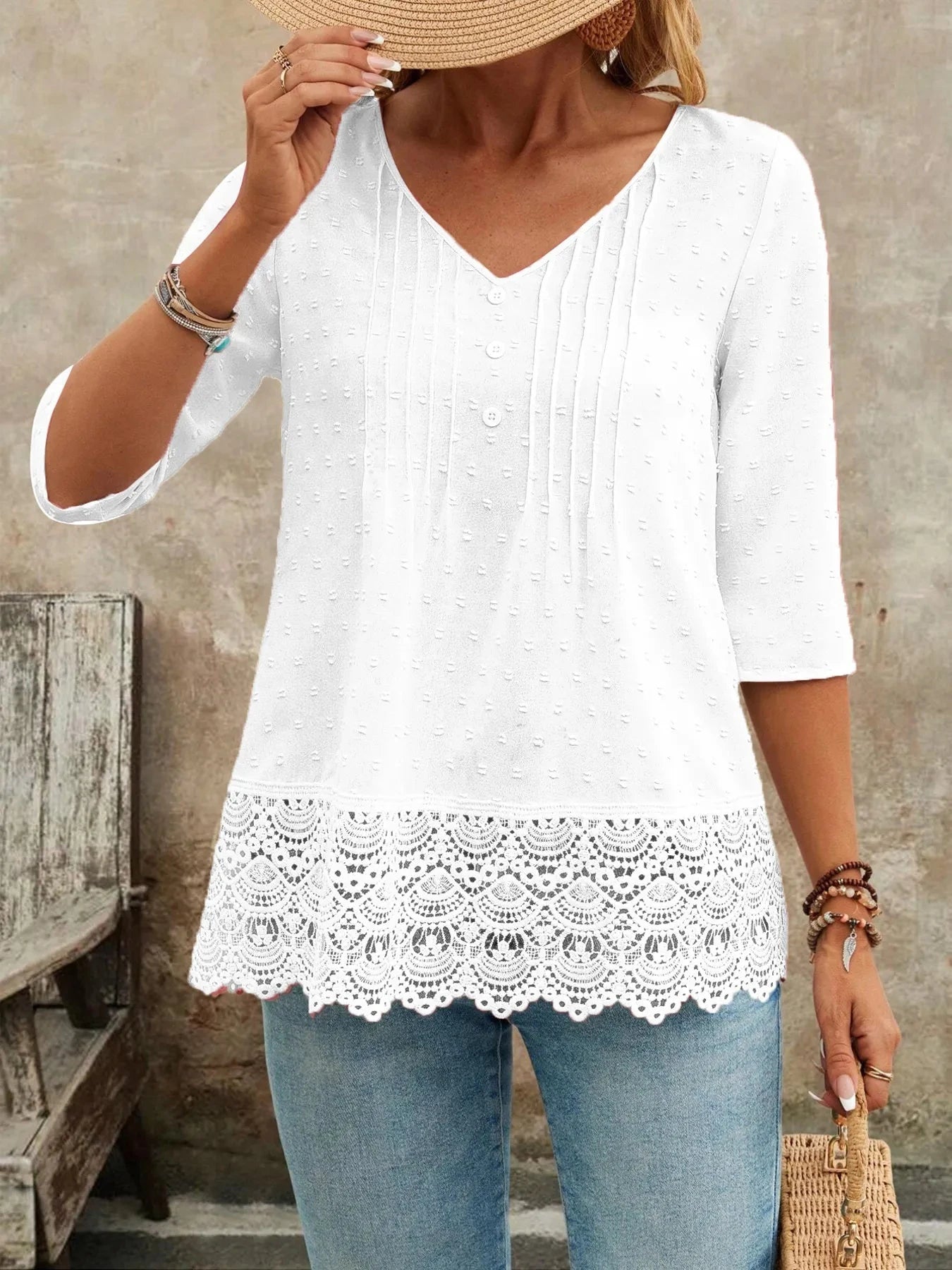 Lace Hem V-Neck Blouse