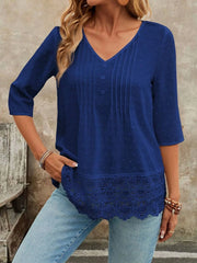 Lace Hem V-Neck Blouse Blue / S