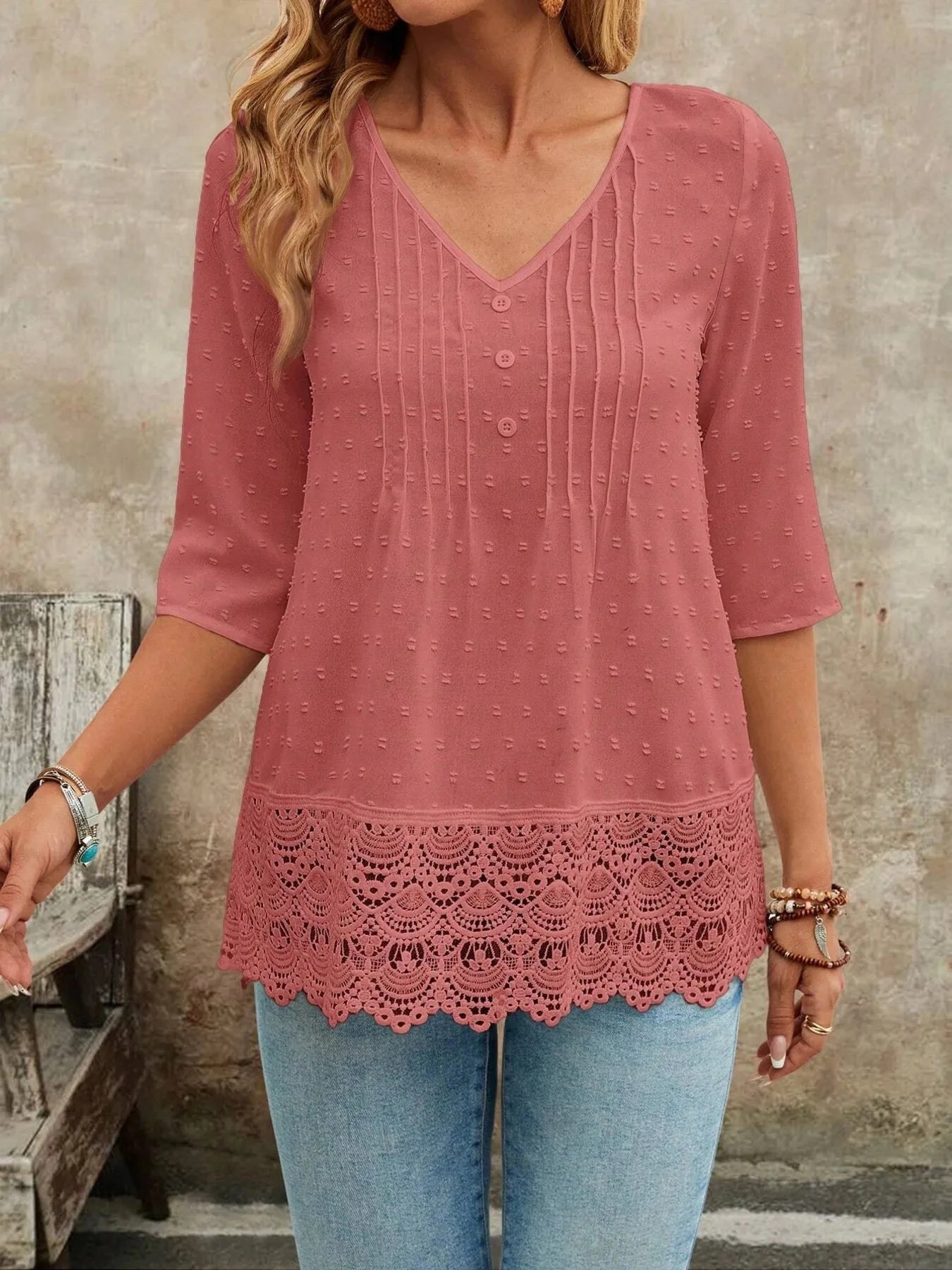Lace Hem V-Neck Blouse Pink· / S