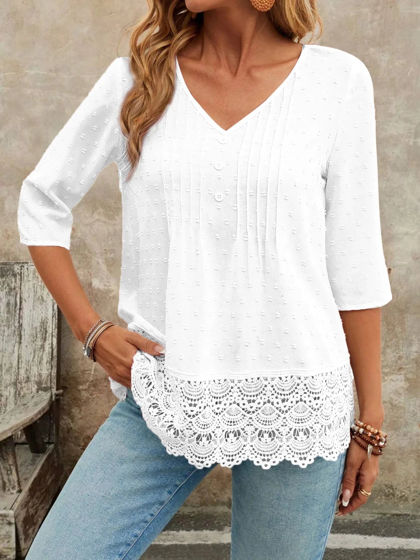 Lace Hem V-Neck Blouse White / S