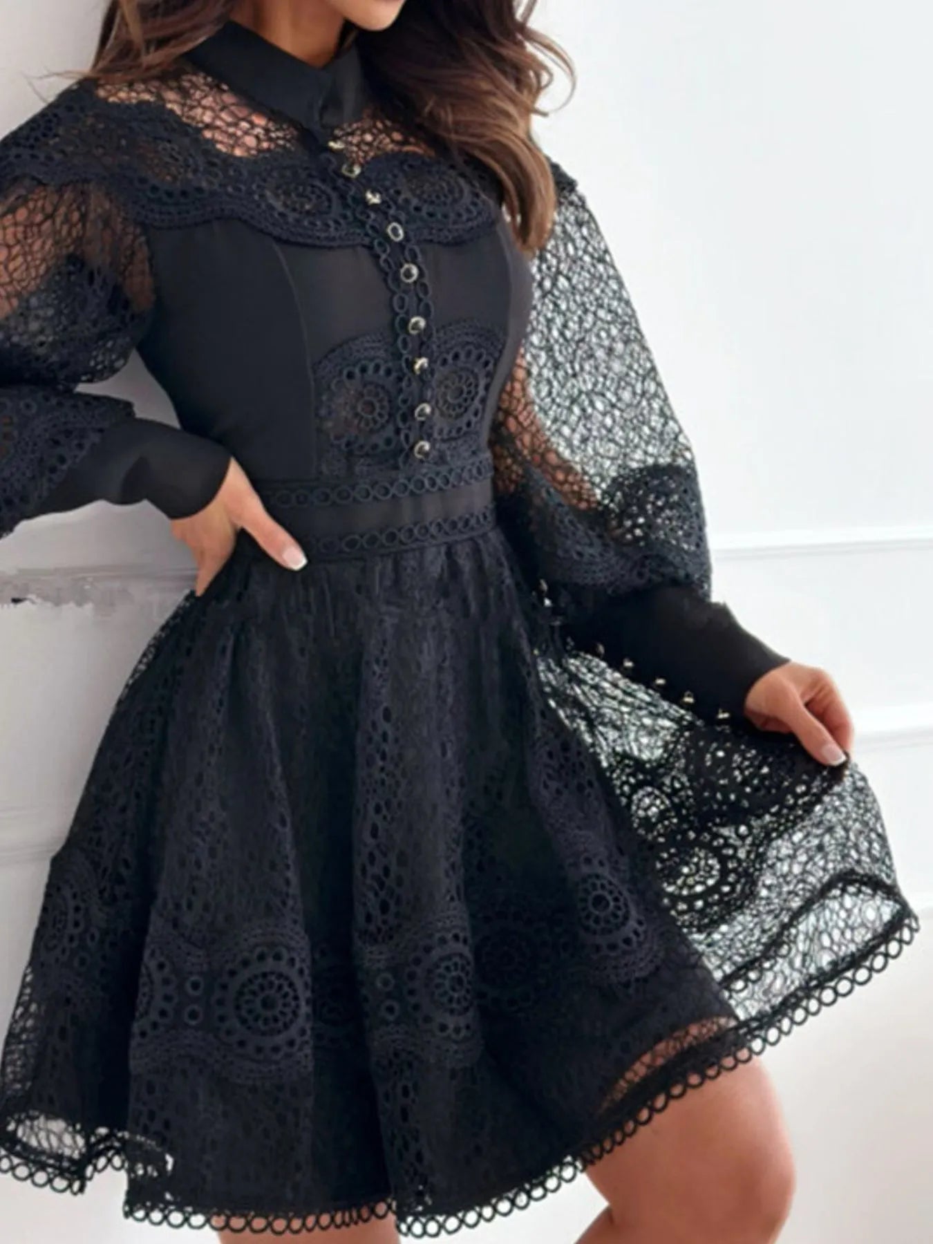 Lace Lantern Sleeve Mini Dress