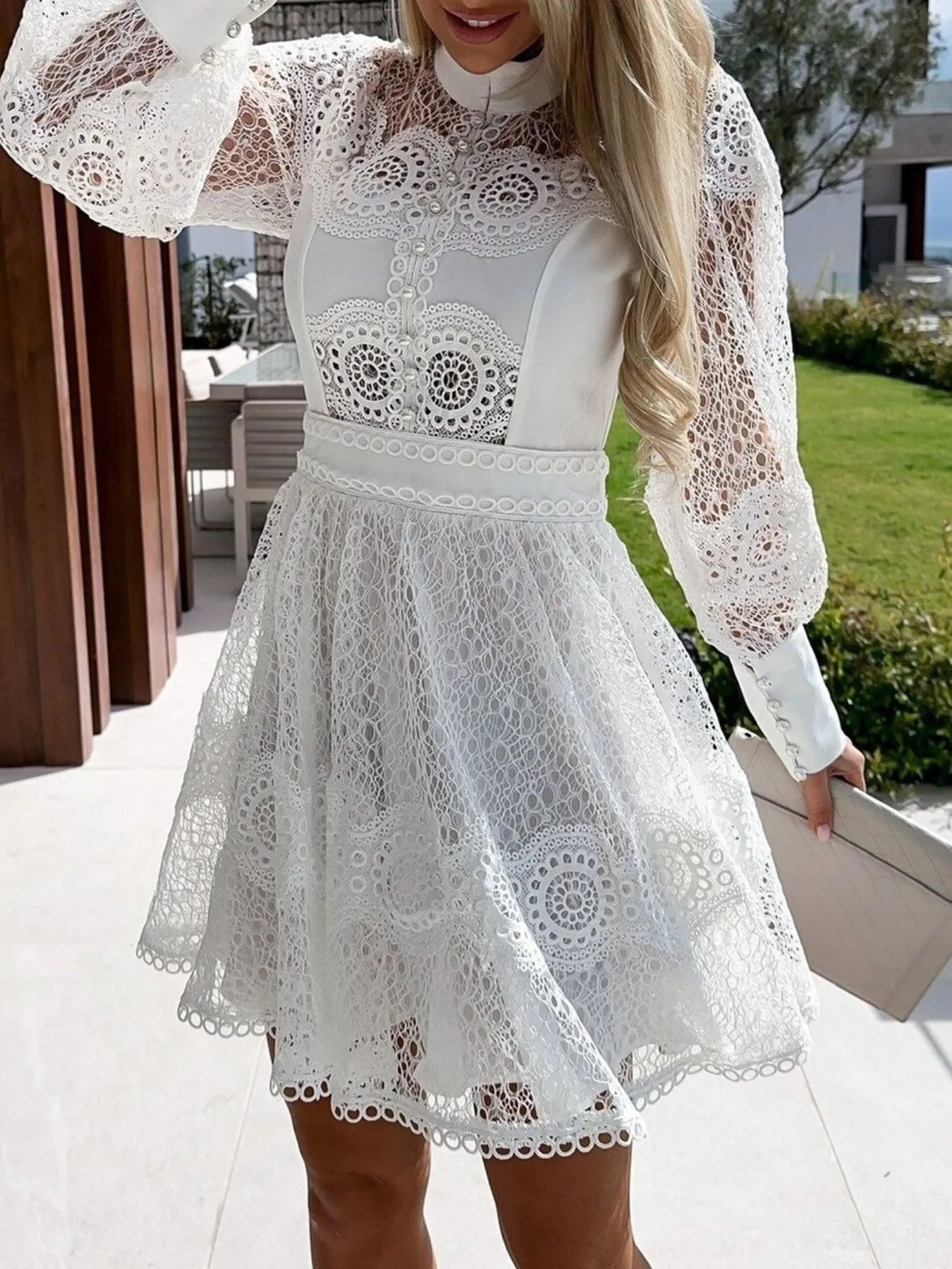 Lace Lantern Sleeve Mini Dress