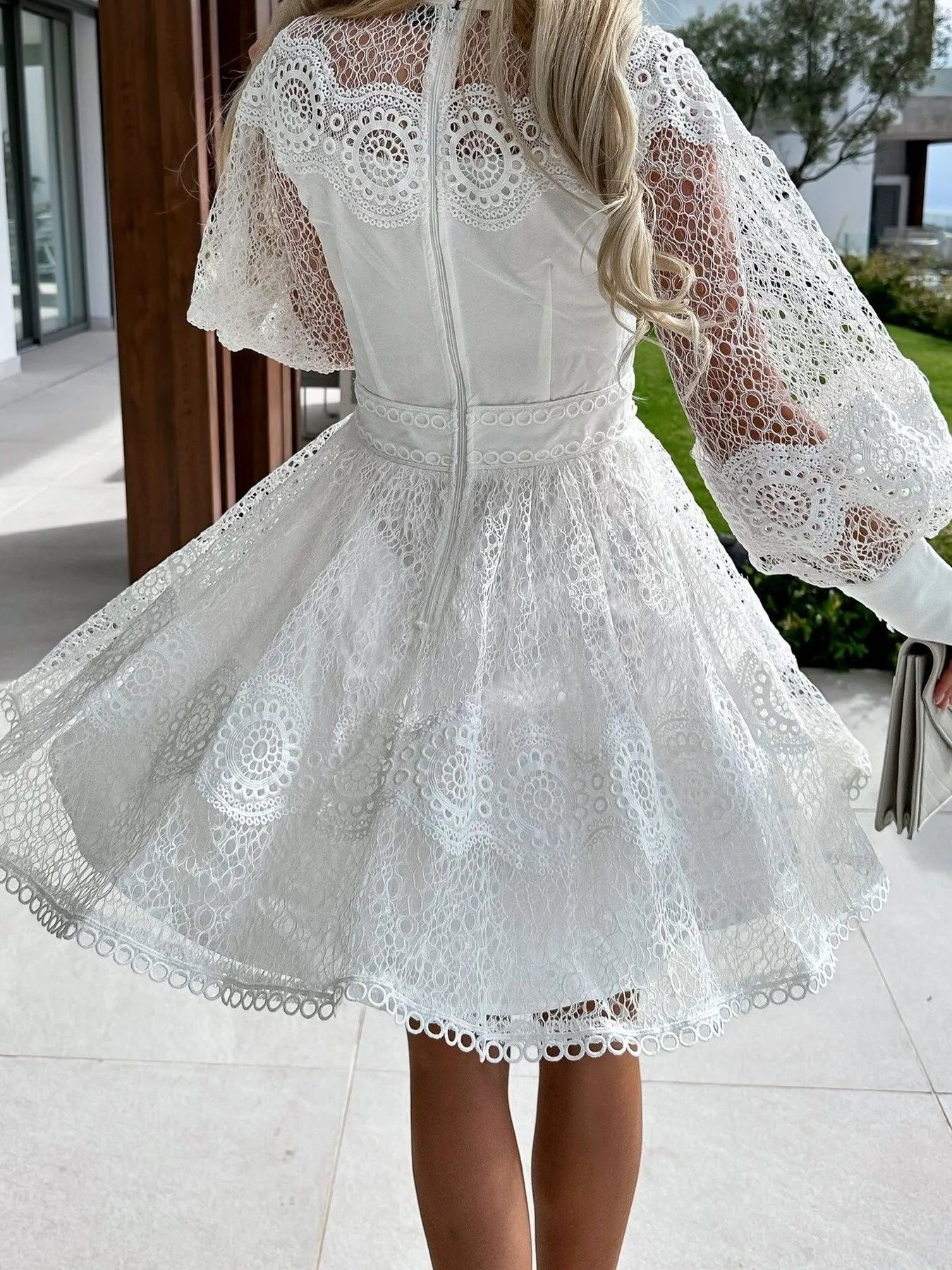 Lace Lantern Sleeve Mini Dress